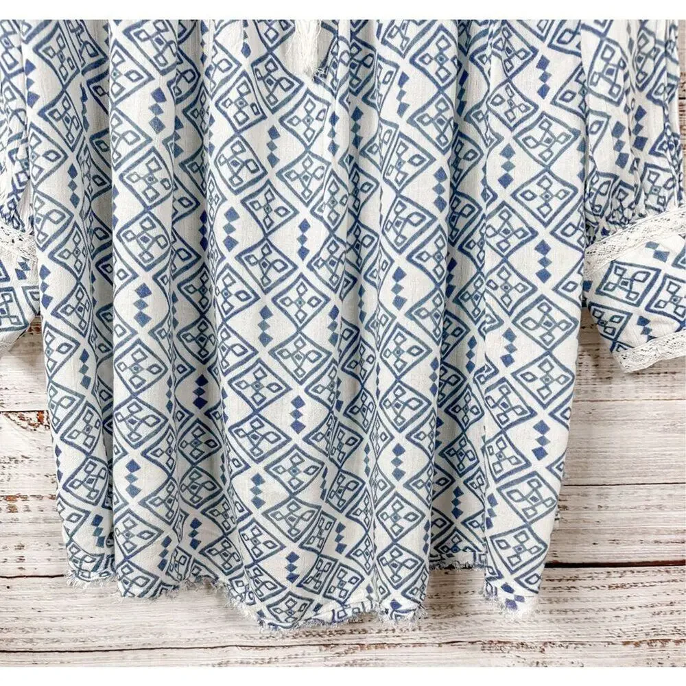 Free People Women's Geometric Long Sleeve Boho Mini Dress White Blue Small